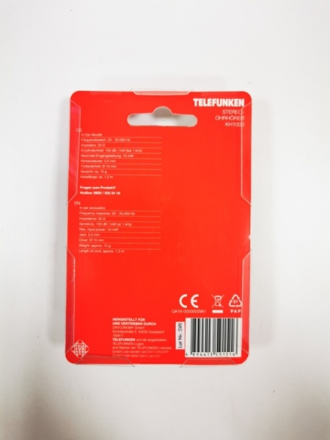 Telefunken KH1000 - lekkie słuchawki douszne z kablem 1,2 m, czarne