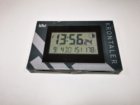 Cyfrowy zegar radiowy czarny prostokątny - automatyczna zmiana czasu, alarmy, temperatura, 7 języków