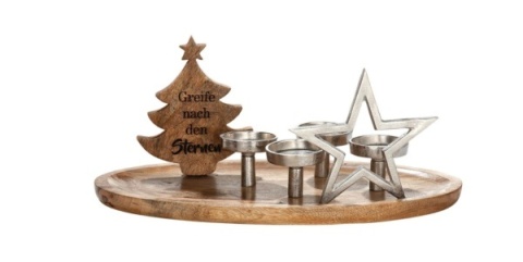 Dekoracyjny świecznik bożonarodzeniowy z choinką - drewno i metal, srebrno-beżowy