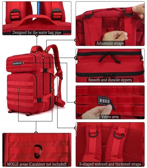 Doshwin Plecak taktyczny 40L wojskowy Molle trekking wędrówki survival Oxford czerwony