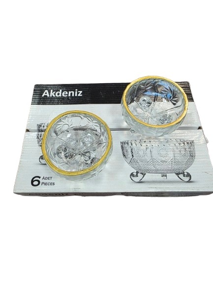 Komplet 6 szklanych miseczek, złote wykończenie, na nóżkach, średnica 8 cm